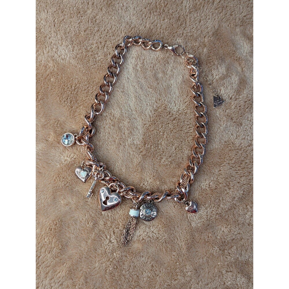 Guess‎ Chunky Rose Gold Signed Crystal Key Tassel Heart Padlock Charm Necklace